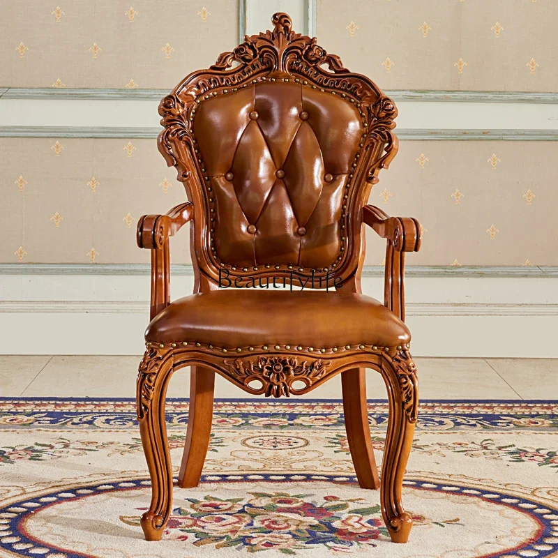 

2 yj9 European-style Genuine Leather Dining Chair American-style Solid Wood Carved Dining Room Study Backrest Leisure Chair