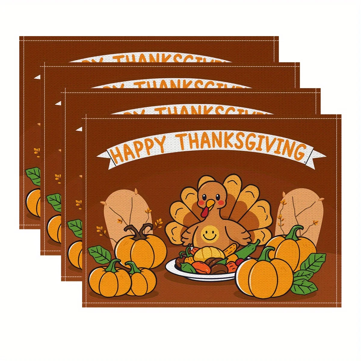 

4pcs Premium Happy Thanksgiving Placemats - Washable Polyester Table Mats with Vibrant Cartoon Turkey Autumn-Themed