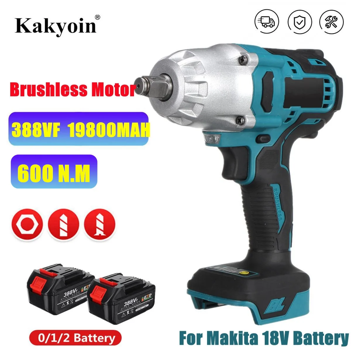 

388V 600N.M High Torque Brushless Electric Impact Wrench 1/2 inch Electric Wrench Socket Tools LED light For Makita 18V Battery