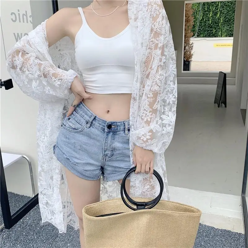 Lace Thin Loose Net Yarn Shirt Tops Summer New Long Sleeve Solid Simplicity Street Casual Blouse Fashion Elegant Women Clothing