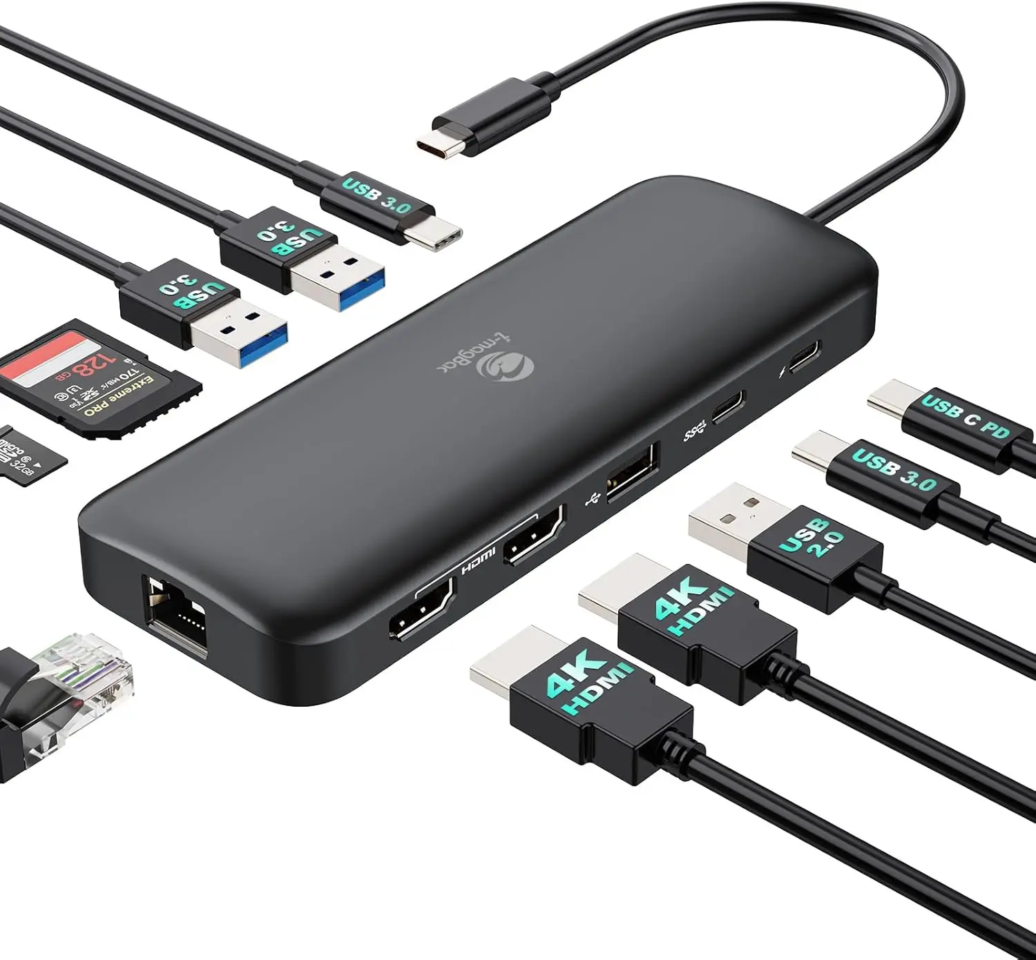 

11-in-1 USB C Docking Station with Dual HDMI Monitors, 4K/60Hz Display, Ethernet, 100W PD, Multiple Ports for Laptops