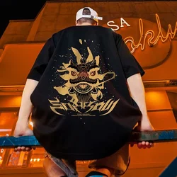 M-8XL Chinese Style Retro Awakening Lion Print Men T Shirt Oversized Sports Short Sleeve Tshirt Round Neck T-shirts