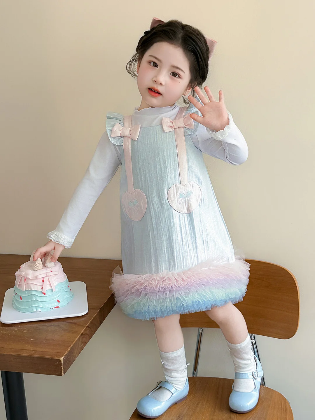 

Girls Sweet Knot Splice Me Dr Set Vest Sle Spring Autumn New Faion Little Girl's Dr Breathable Long Sve