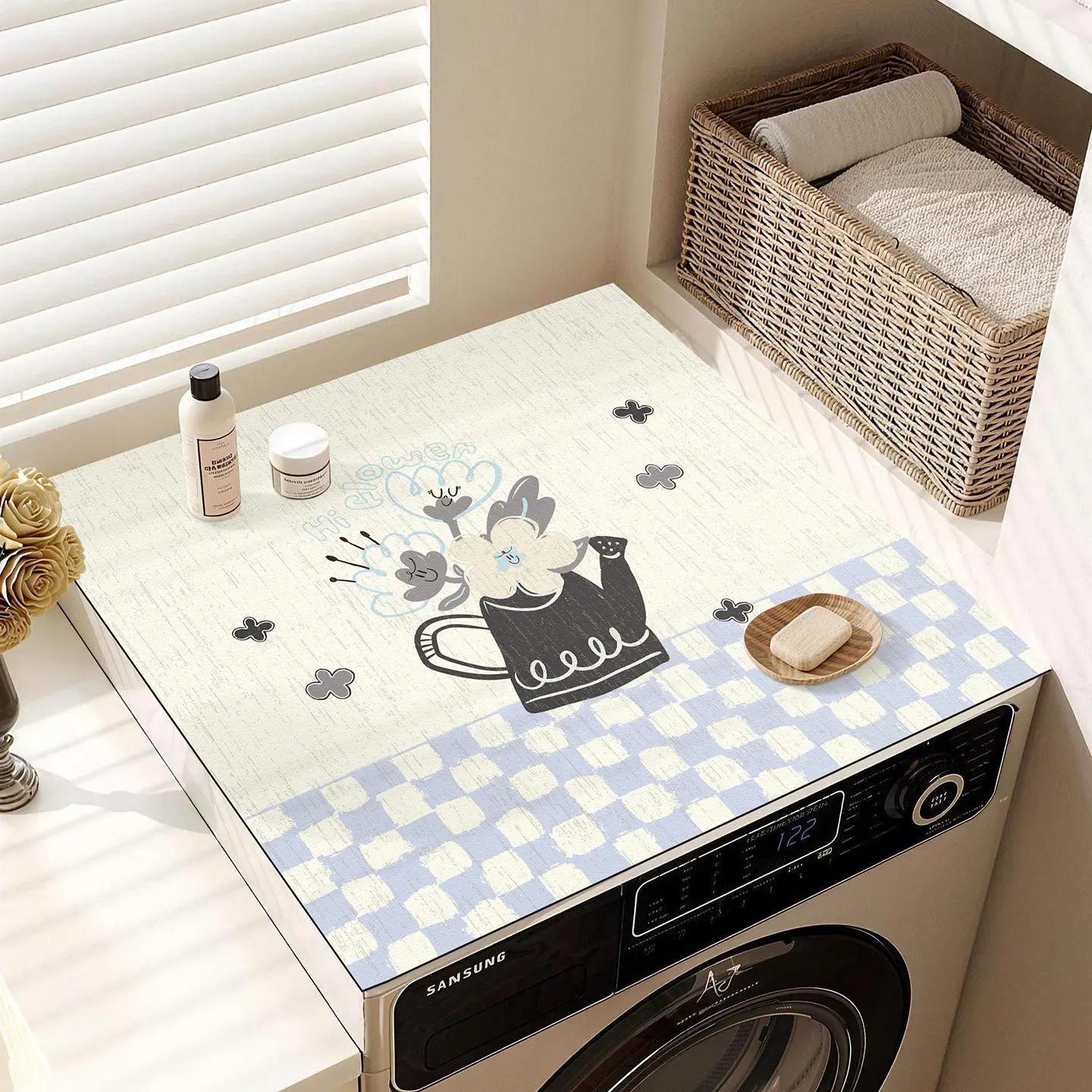 VIKAMA Blue Check Floral Kettle Washing Machine Top Mat Plaid Bottom Waterproof Anti Dust Pad For Laundry Dryer Cabinet Surface