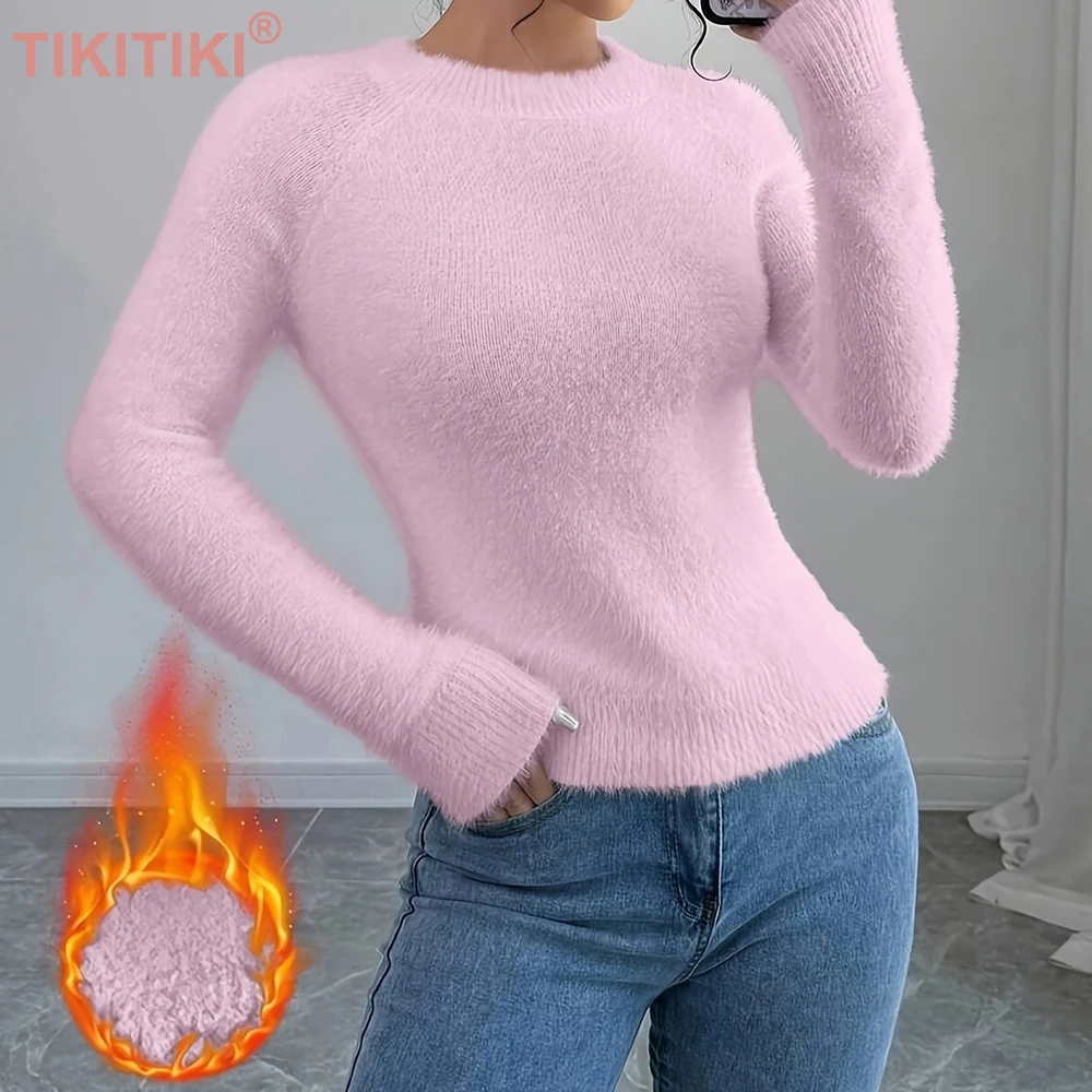 Women Fuzzy Sweater O Neck Long Sleeve Slim Fit Knit Top Soft Fluffy Warm Pullover Elegant Casual Basic Jumper For Daily