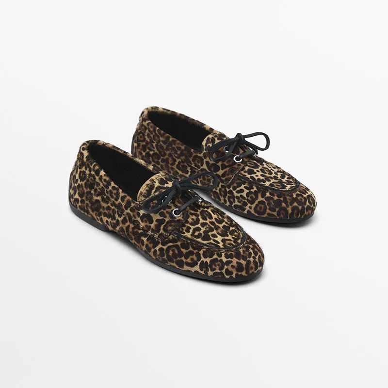 

Withered French Countryside Retro Animal Print Women's Shoes Leather Flat Bottomed Round Toe Loafers Shoes Leopard Shoes Woman