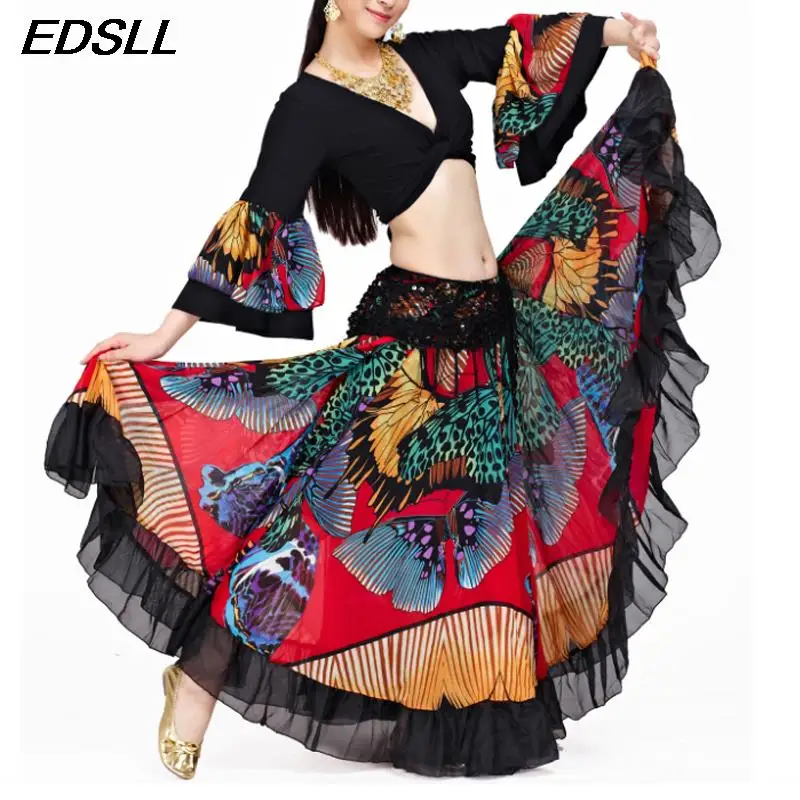 Women Sexy Top and Big Swing Skirt Training Suit Gypsy Spanish Flamenco Oriental Dance Costume Set Adult Belly Dance Suit