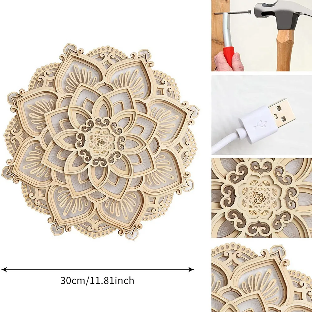 LED Night Light Modern Wall Decor with USB Ports Elegant Wooden Mandala Hanging MDF Panels Lamp Decoration