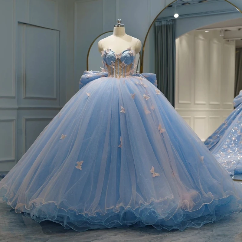 Luxury Sky Blue 15 Quinceanera Dresses With Butterfly Beads 2024 Vestidos De 15 Anos Masquerade xv Dress Sixteen Beaded Birthday