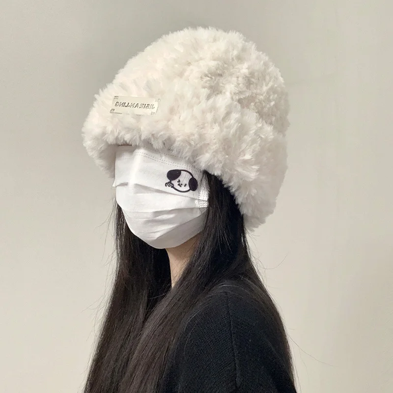 Hairy Knitted Hat for Women in Autumn and Winter, Thick and Warm Knitted Hat with Big Head Circumference, Korean Version, Face S
