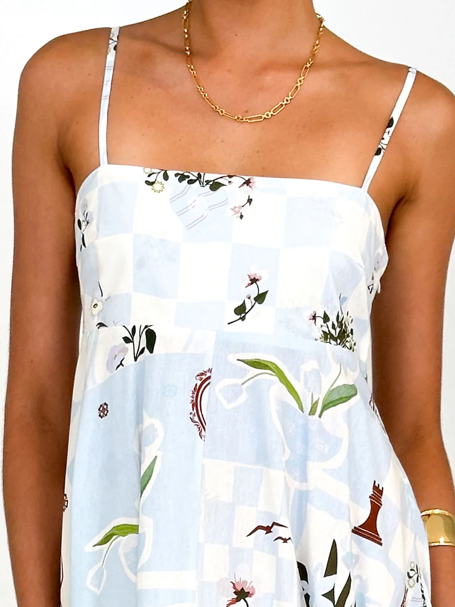 Women's Summer Long Cami Dress Sleeveless Open Back Floral Print Spaghetti Strap Dress