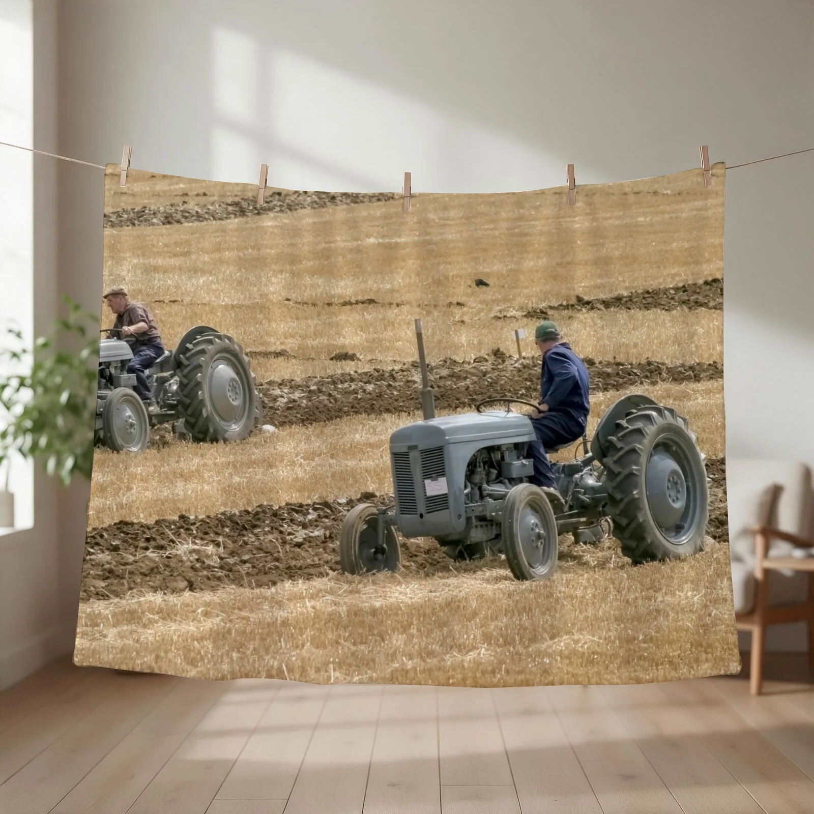 Two grey Ferguson tractors ploughing. Throw Blanket couch cozy soft plush fuzzy picnic outdoor blanket