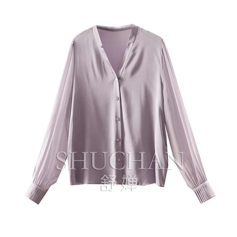 

New2025 Light Luxury and Elegant, Natural Silk Double Joe Long Sleeve V-neck Shirt Women's 3W48 Womens Tops