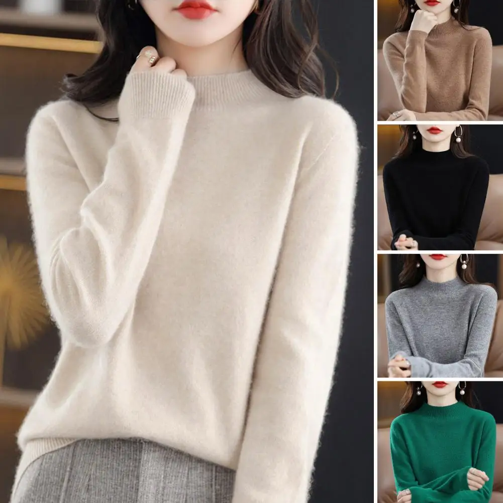 Women Sweater Long Sleeve Mid Collar Pullover Sweater Jumper Stretchy Solid Color Knitted Bottom Layer Top For Daily Wear 스웨터