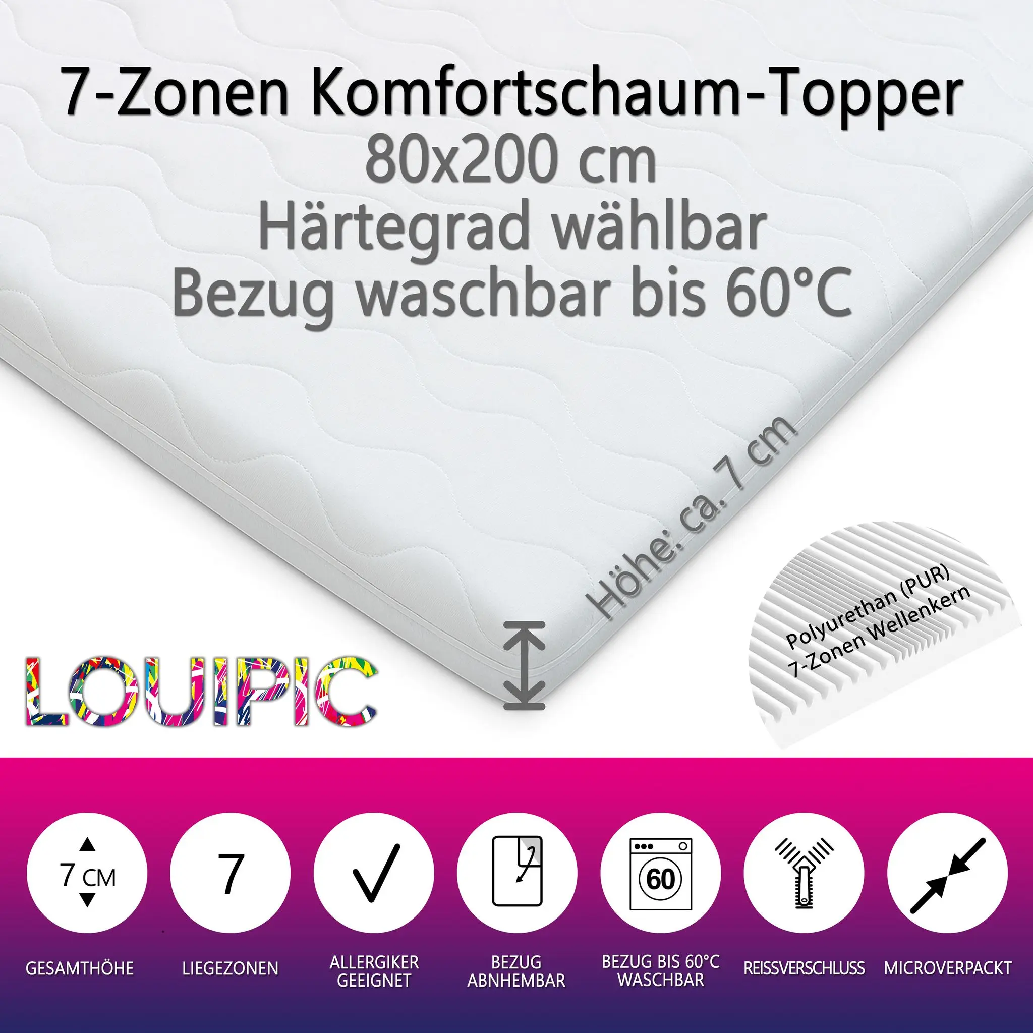 Topper 80x200 cm 7cm 7-Zonen Bezug waschbar bis 60 Grad Oeko-TEX® 100