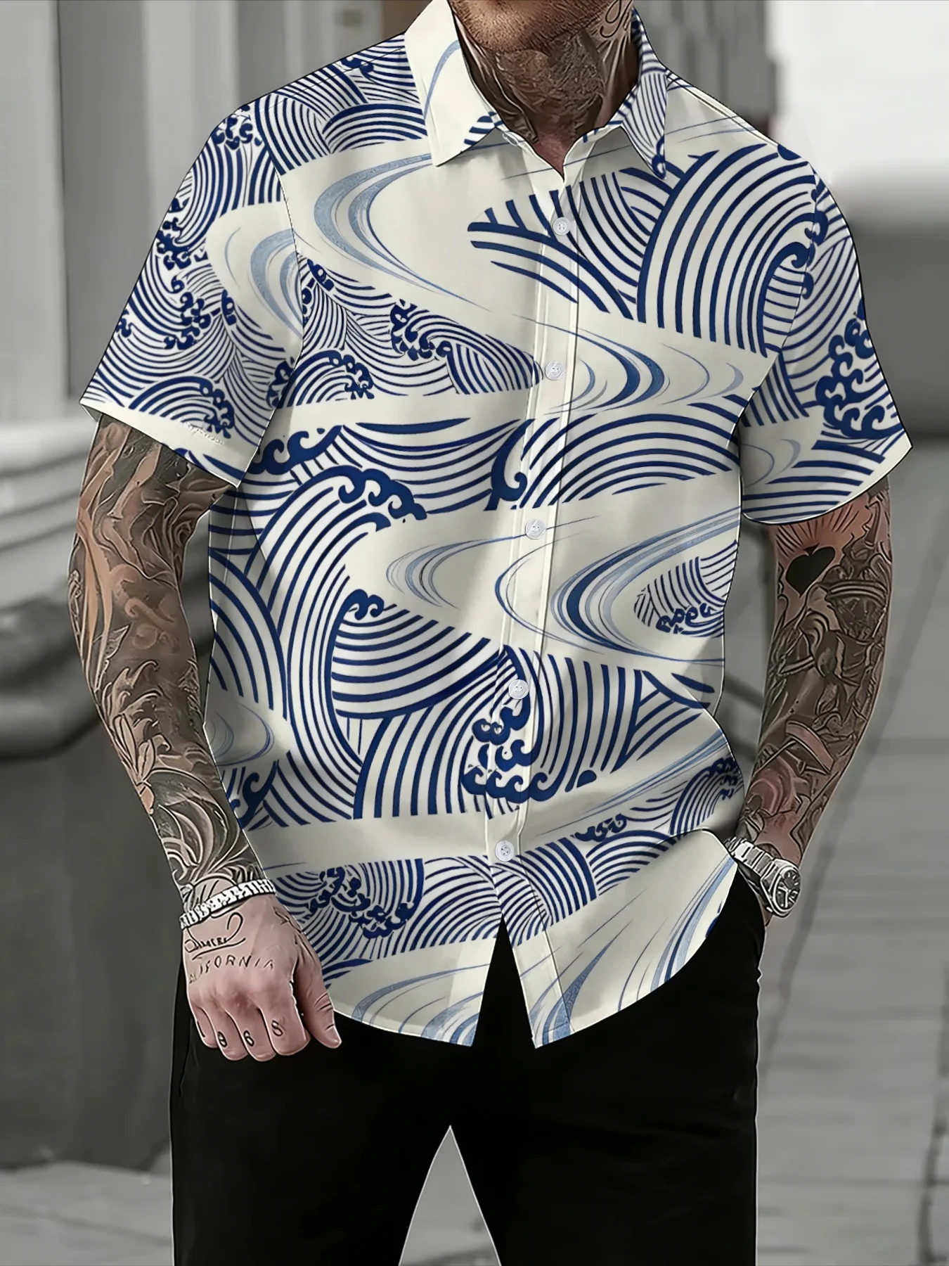 Sophisticated East Asian Wave Line Mens Lapel Shirt Blue Cream Tone Allover Print Short Sleeve Smart Casual Daily Shirts