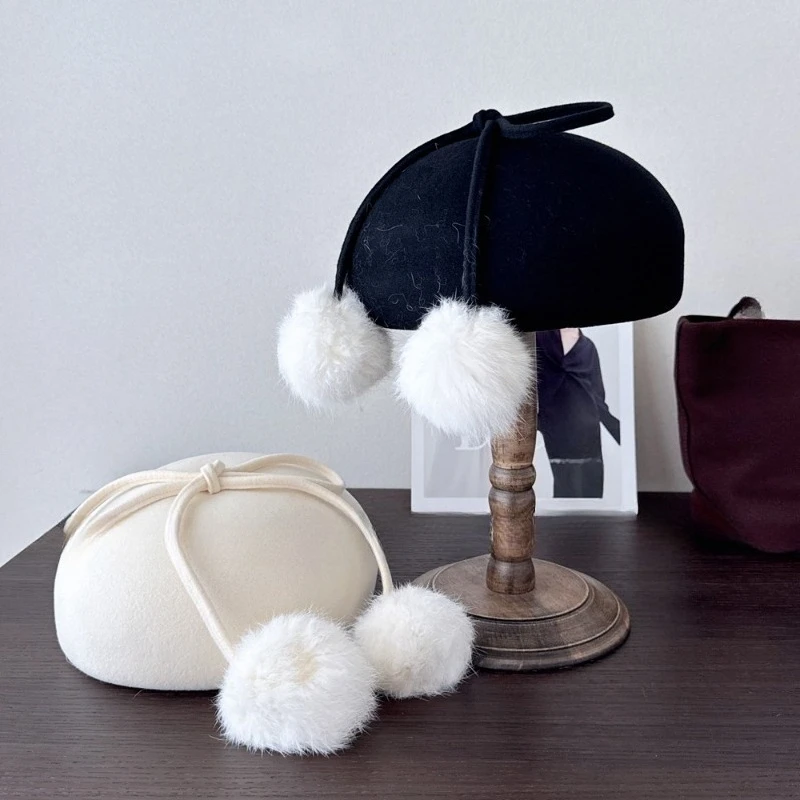 Koreanische Version Ins Süße Schleife Pelzbommel Woll-Baskenmütze Damen Winter Vielseitige Elegante Warme Malermütze Einfarbige Kürbismütze – Detail 1