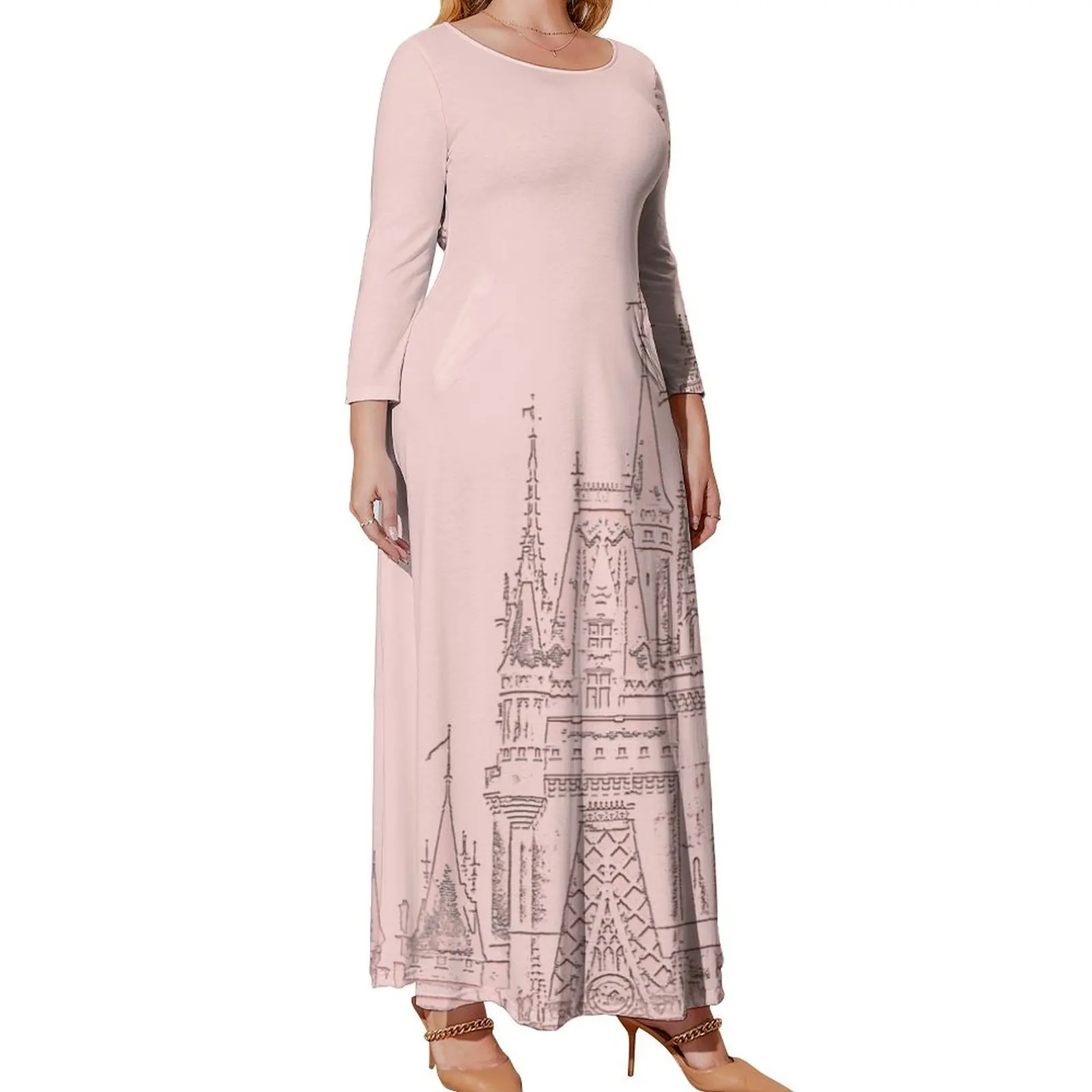 

Женское платье с длинным рукавом, платье цвета розового золота с длинными рукавами и изображением волшебного замка, платье для особых случаев, длинные платья