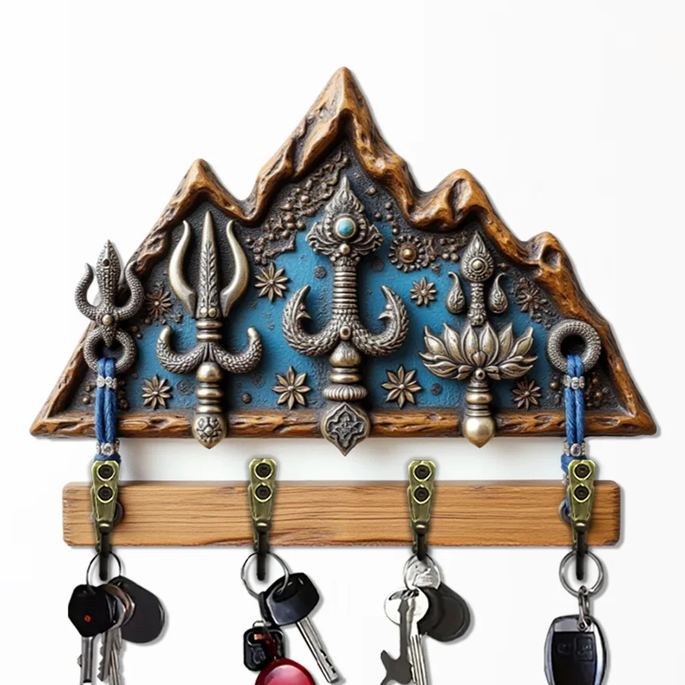 2D Flat, 1pc, Artistic Metal Key Hook Wooden Multifunctional Home Key Hook with Four Metal Hooks, Wall Decoration, Porch