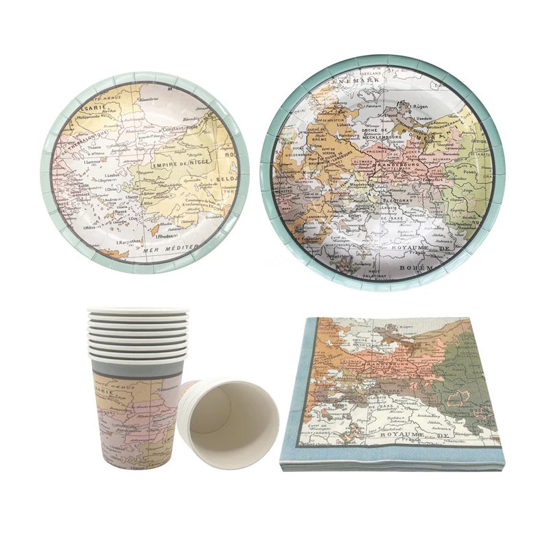 World Map Theme Disposable Paper Plates Cups Napkins Travel Festival Retirement Travel Picnic Birthday Party Decor Supplies