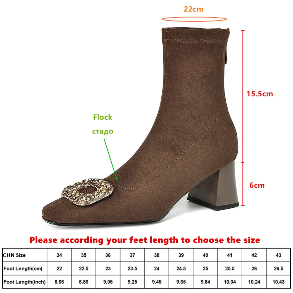Aucegi Hot Sale Women Flock Rhinestone Decoration Ankle Boots Zipper 2026 Fashion Square Toe Thick High Heels Party Dress Shoes