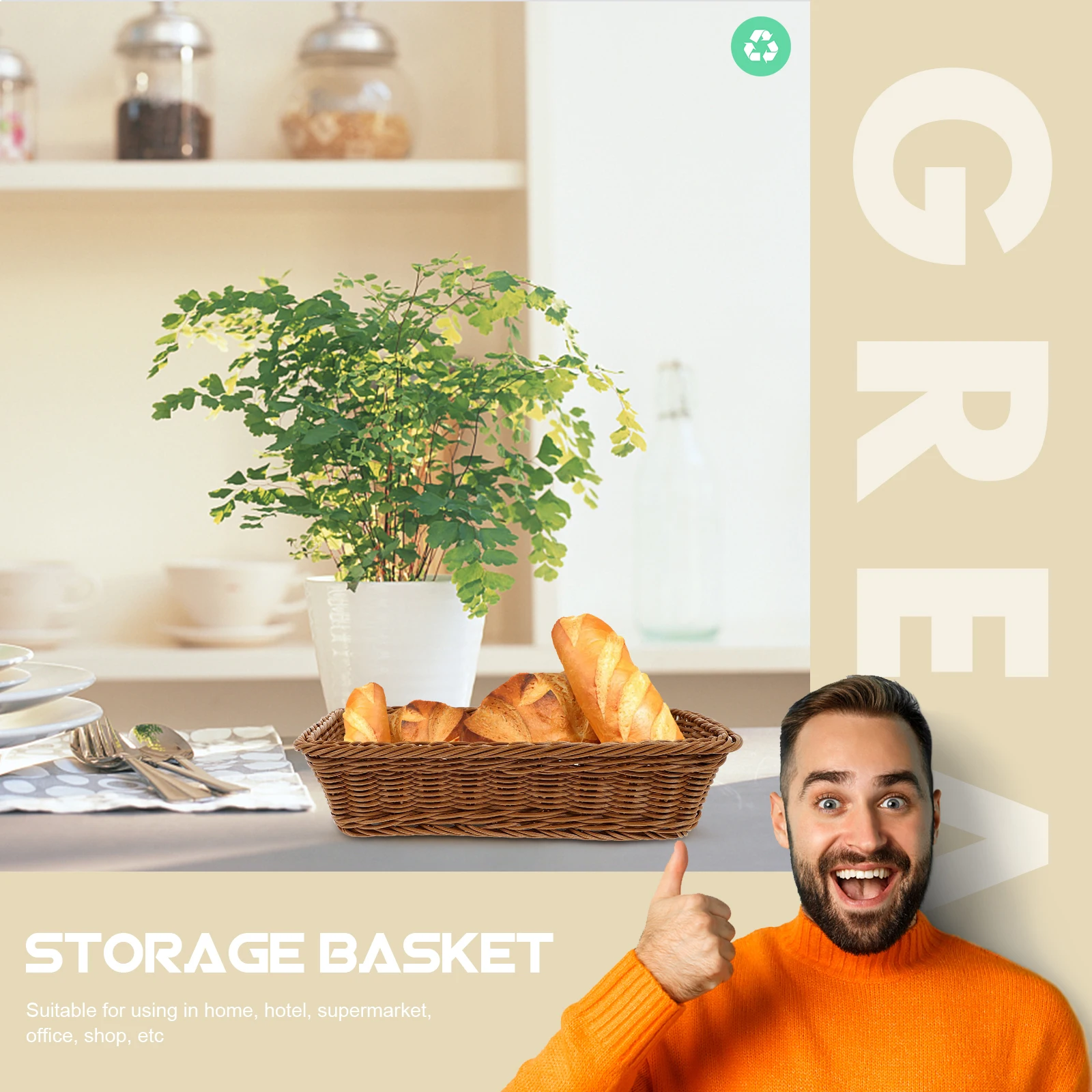 

1Pcs Rattan Storage Basket Light Brown Practical Fruit Basket for Home Kitchen Pantry Bread Candy Storage Container