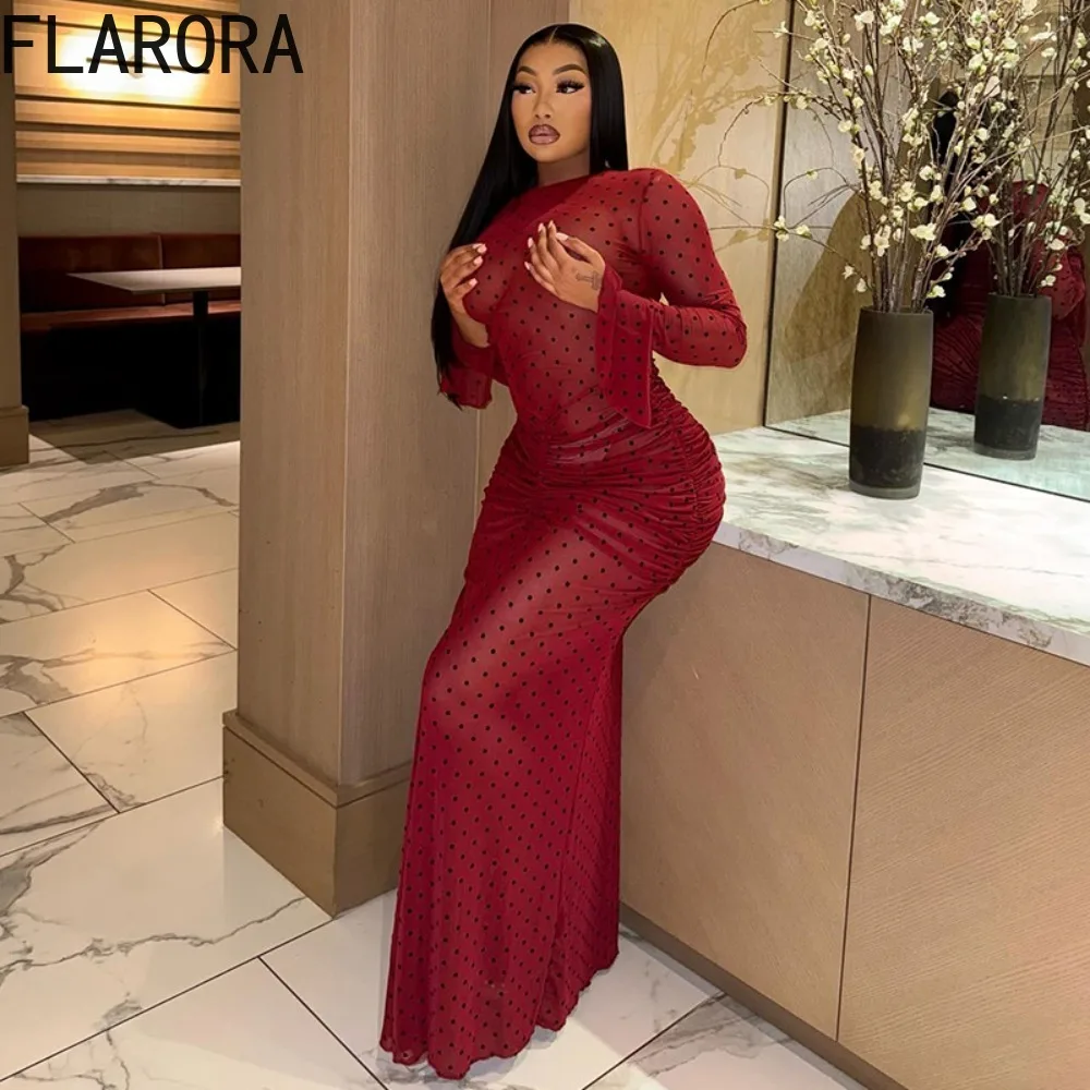 

FLARORA Sexy Dot Print Bodycon Maxi Dress Woman O Neck Full Sleeve Ruched Peach Hip Slim Dresses Elegant Evening Party Clubwear