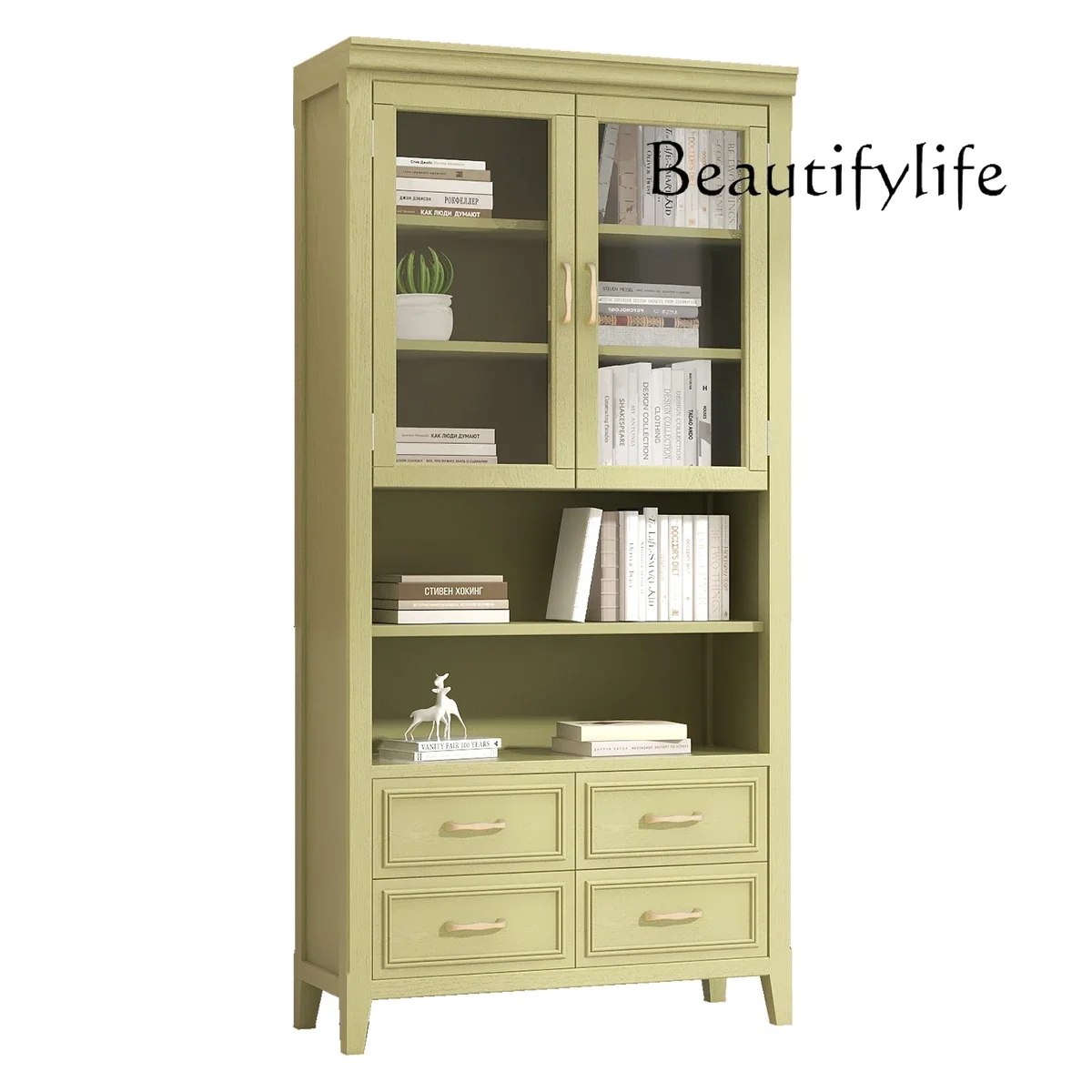 Pastoral Mustard Green High Cabinet Magazine Cabinet Minimalist Style TV Wall Standing Cabinet Against Wall Locker with Door