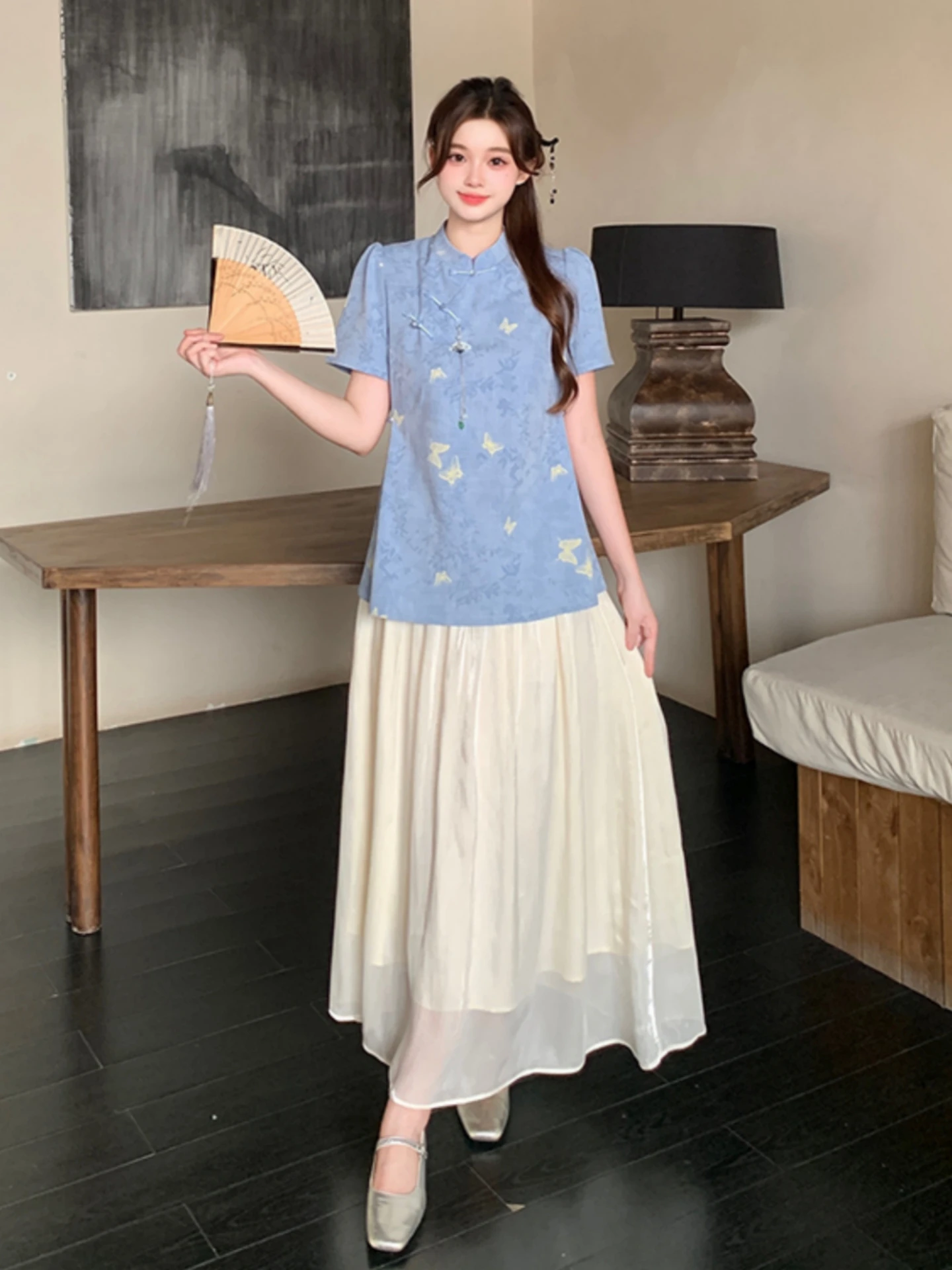 New Chinese Style  Knot Print Two-Piece Set Women's Summer plus Size High Waist A-Line Skirt And Top Ensemble
