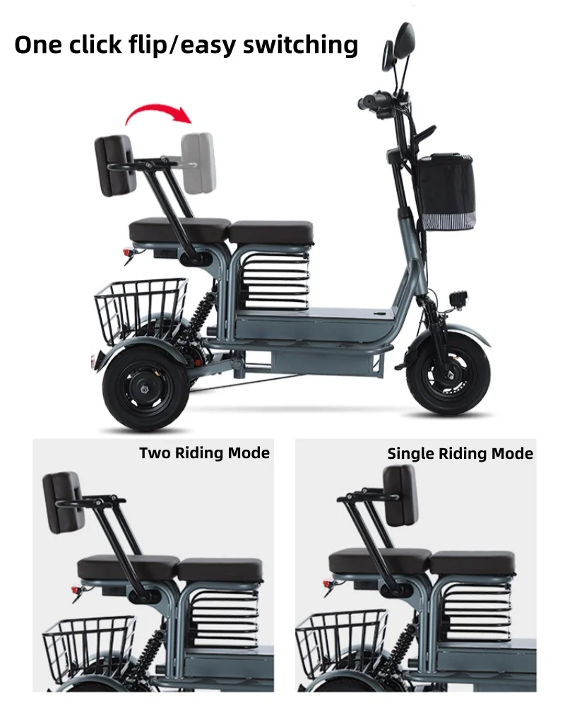 Adult Electric Tricycle 2 People Powerful 800W 48V 10 Inch 3 Wheel Electric Scooter For Seniors with Removable Lithium Battery