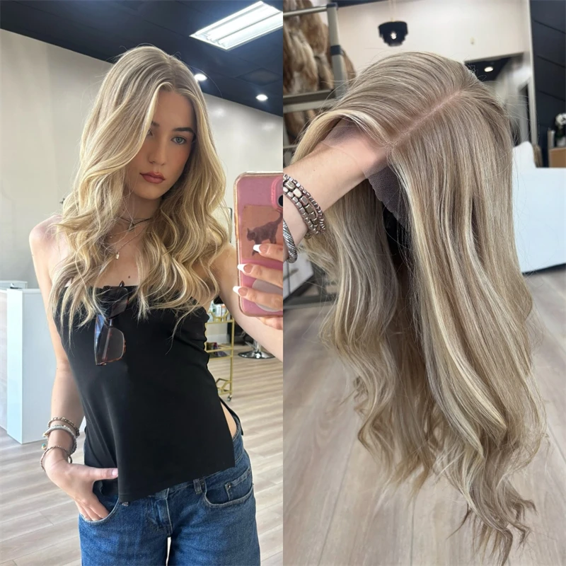 

Хорошее качество 24-дюймовый парик Ombre Ash Blonde Balayage для женщин Синтетический парик фронта шнурка Предварительно выщипанная линия волос 13x4 Парик средней части
