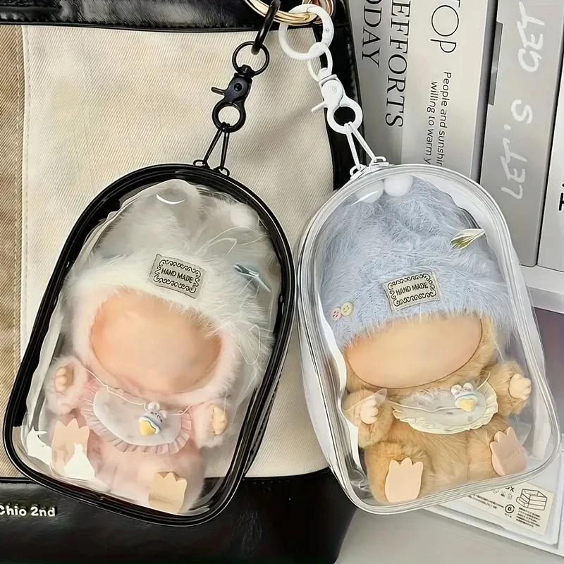 2/1pc Transparent Doll Storage Bag for LABUBU Dustproof Protective Box Portable PVC Plush Toy Display Case with Keychain Hook