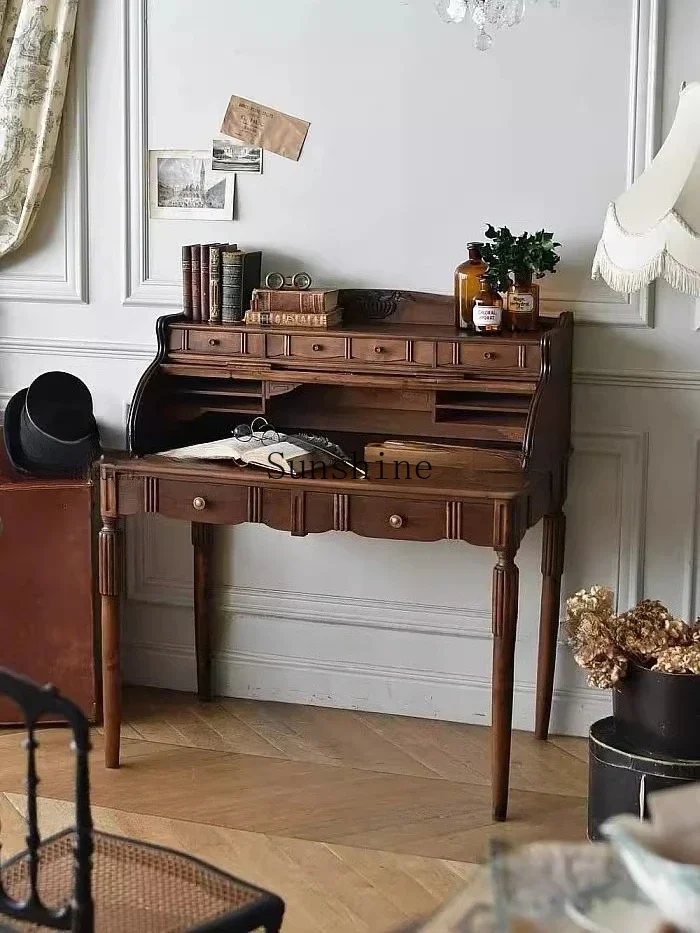 Medieval old piano desk French antique writing table flip cover dresser integrated storage  FT