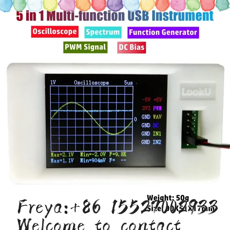 Pocket 50g Mini 1MHz Oscilloscope 5 in 1 Multi-function Oscilloscope Spectrum Function Generator PWM Signal DC Bias