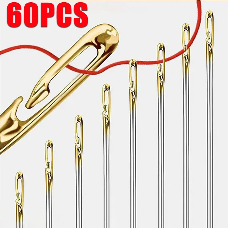 60/12PCS Stainless Steel Sewing Needles Side Hole Hand Sewing needles Self-Threading Blind Needle Household Sewing Accessories