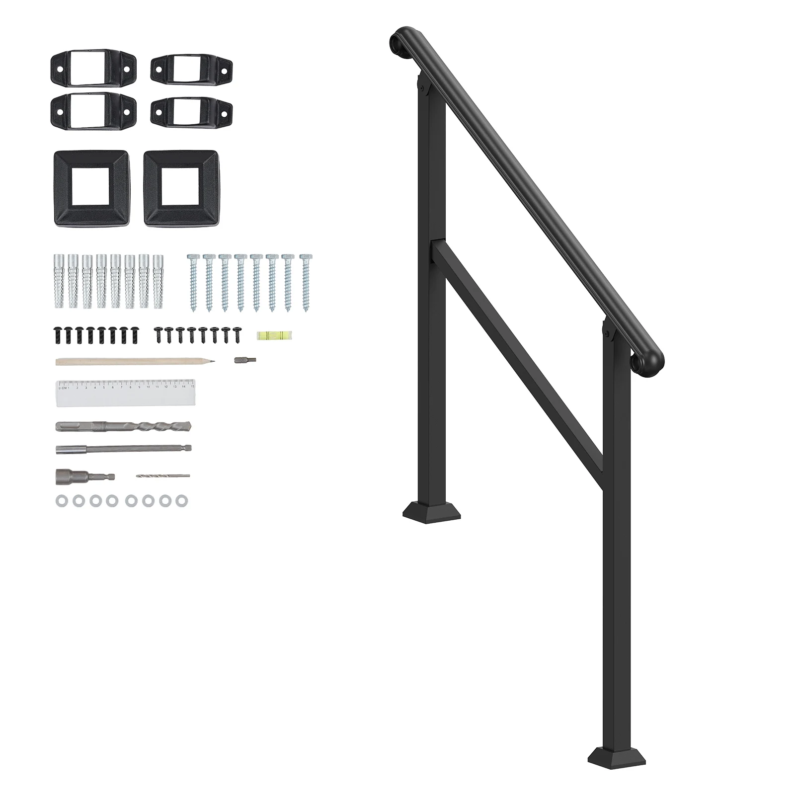 SucceBuy Handrails for Outdoor Steps 2-3 Step Stair Hand Rail & Indoor Railing Kit Railings for Outside Steps for Seniors Black