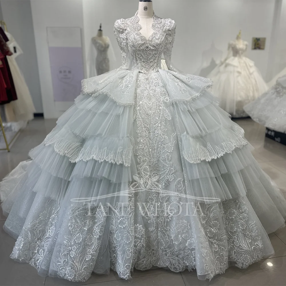 Robe de mariée festonnée à manches longues pour femmes, dos à lacets, perles et paillettes, robe de bal personnalisée, détail trou de serrure