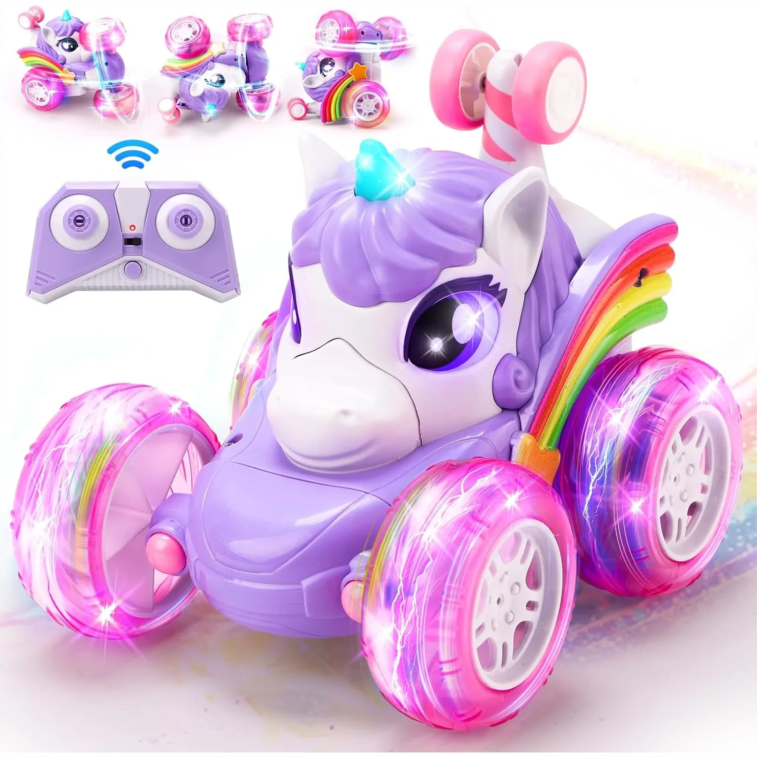 

Unicorn Remote Control Car, 360° Rotating 4WD Stunt RC Cars with Lights, 2.4GHz Rechargeable Toy for Kids Age 3-6+
