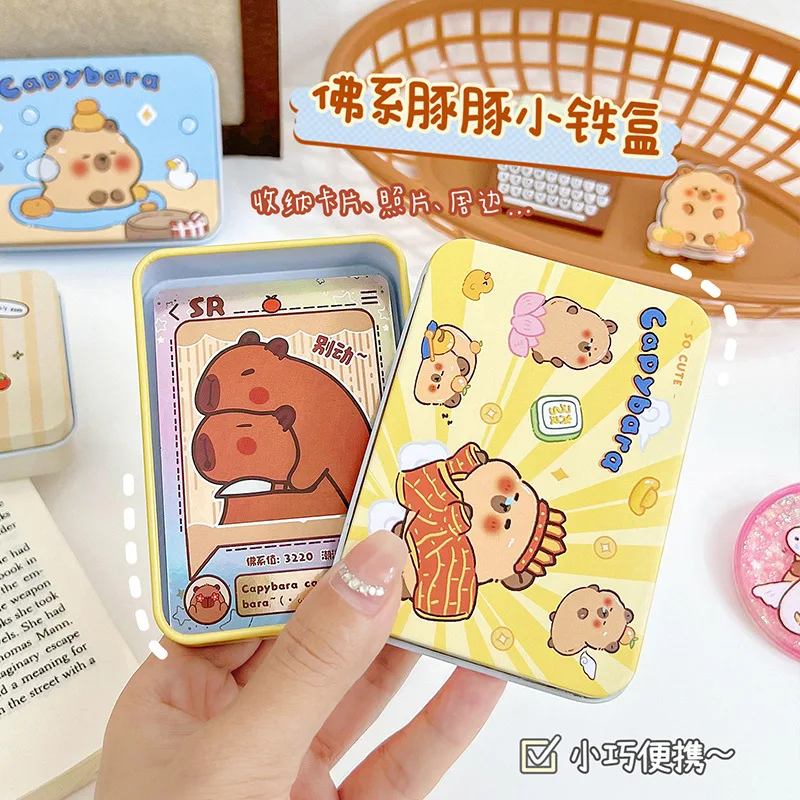 Kawaii Cartoon Capybara Card Storage Iron Box Kpop Star 3 Inch Photo Card Dustproof Box Cute Girl Jewelry Hair Clip Small Box