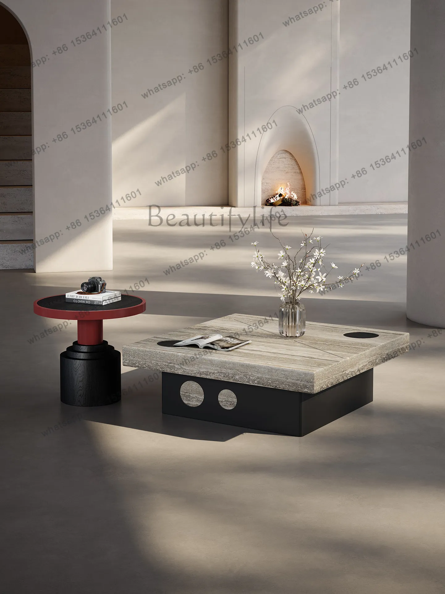 PG Italian minimalist travertine square coffee table combination living room home wabi-sabi designer high-end tea table