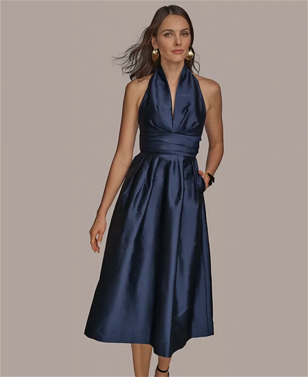 Robe de soirée élégante, col licou, sans manches, plissée, ligne a, robes de bal formelles, fête, Cocktail, Banquet, robe d'invitées de mariage, personnalisée