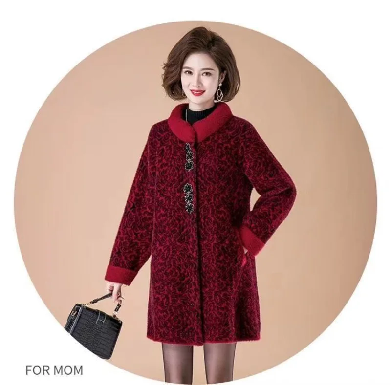 Women's New Autumn and Winter Spliced   stand-up Collar Buttoned Mid-length Thickened Mink Velvet Versatile Jacket