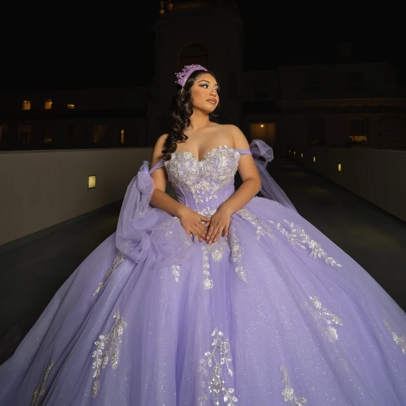 Лавандовое платье Quinceanera по индивидуальному заказу, бальное платье с открытыми плечами, аппликация, кружево, бисер, тюль, корсет, вечерние, день рождения, сладкий 16