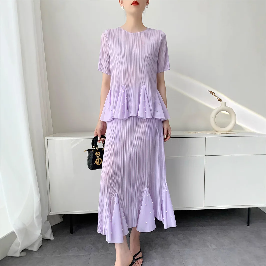 

Miyake Pleated Skirt Set Ruffles Big Hem Fashionable Short Sleeve Fold Top + Pleat Half Body Fishtail Skirt 2025 Summer New