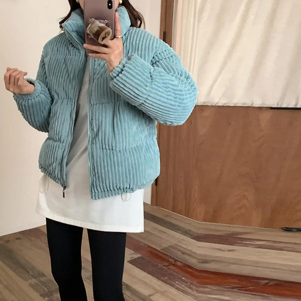 Women's Winter Jacket Corduroy Puffer Short Down Jacket Warm Quilted Cotton Coat Stand Collar Outerwear For Daily Work School
