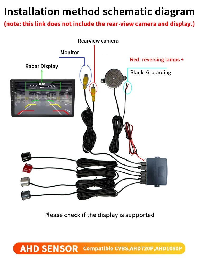 Rear View Parking Sensor System 4 Waterproof Sensors 22mm AHD/CVBS Compatible Display Car Safety Radar For Vehicle Truck Van RV
