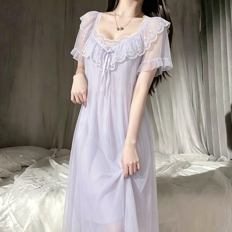 

French-Style Mesh Nightgown with Chest Pads, Lace Bow, Mid-Length Dress, Light Luxury, Fairy-Like, Solid Color, Loose-Fitting Sleepwear for Women, Summer Princess Style, Slimming, Gentle Style, Home Wear Dress