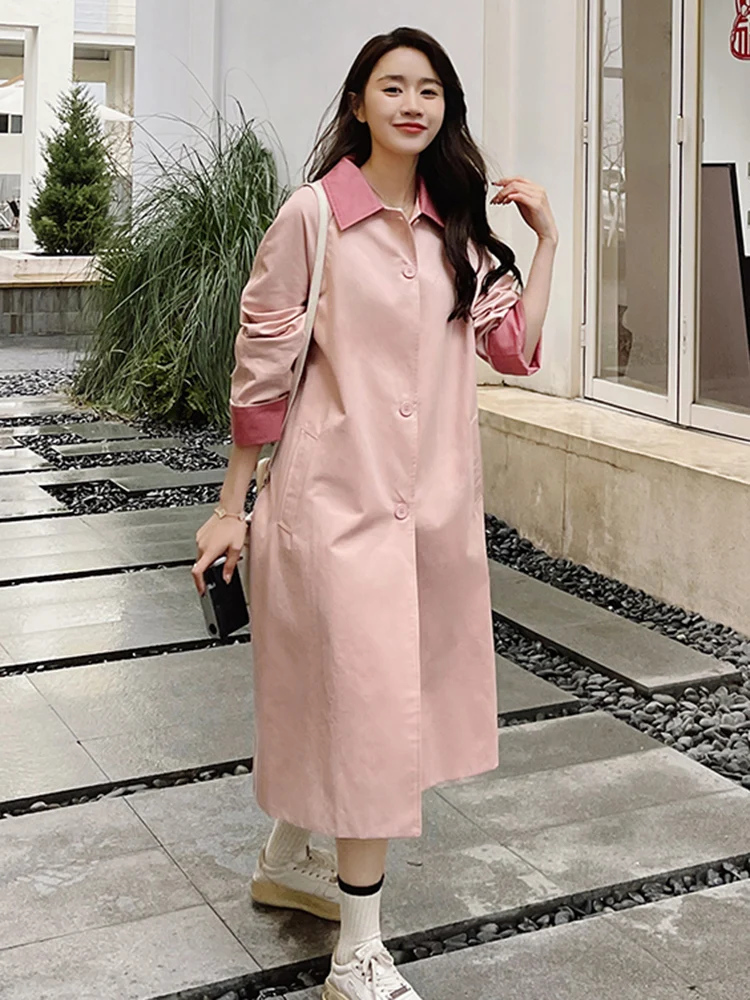 LANMREM Contrasting Color Windbreaker For Women Lapel Long Sleeves Single Breasted Mid Length Trench Coat 2024 Autumn 2DA8980