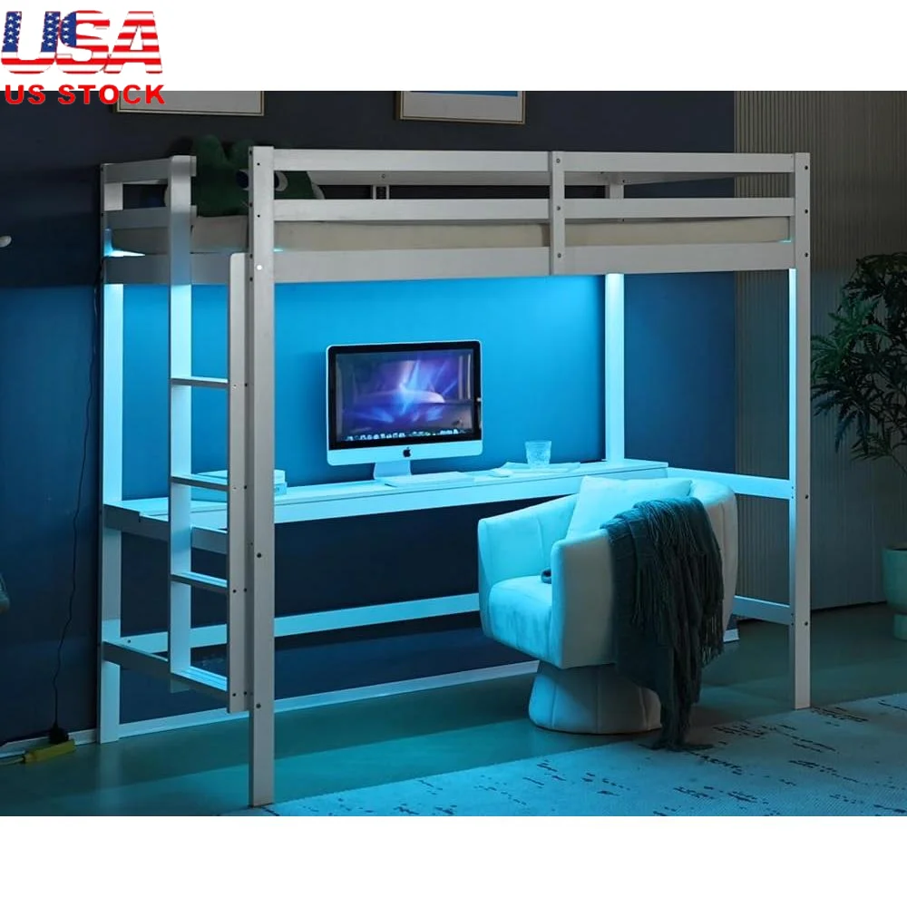 Loft Bed with Desk RGB LED Light Charging Station Guardrail Pine Wood Twin Size Functional Space-Saving Furniture Adults