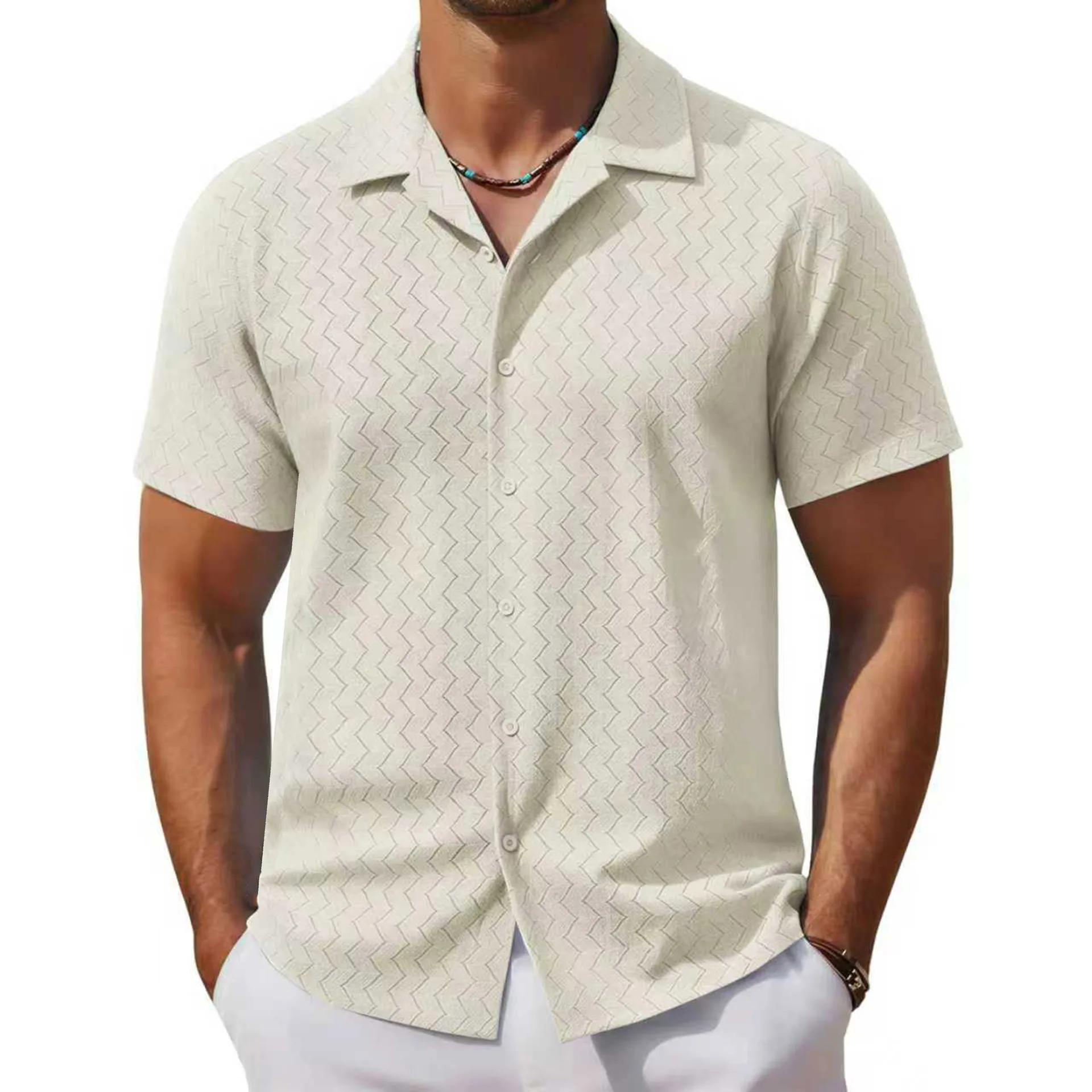 Summer Cuban Collar Short Sleeve Shirt Men's Pattern Hollow Breathable Casual Shirt Men's Cardigan